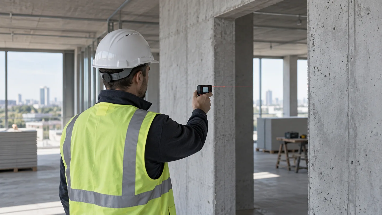 Intervenant fictif en tenue de chantier contrôlant une dimension dans un bâtiment en construction.