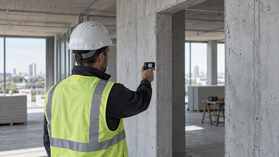 Intervenant fictif en tenue de chantier contrôlant une dimension dans un bâtiment en construction.