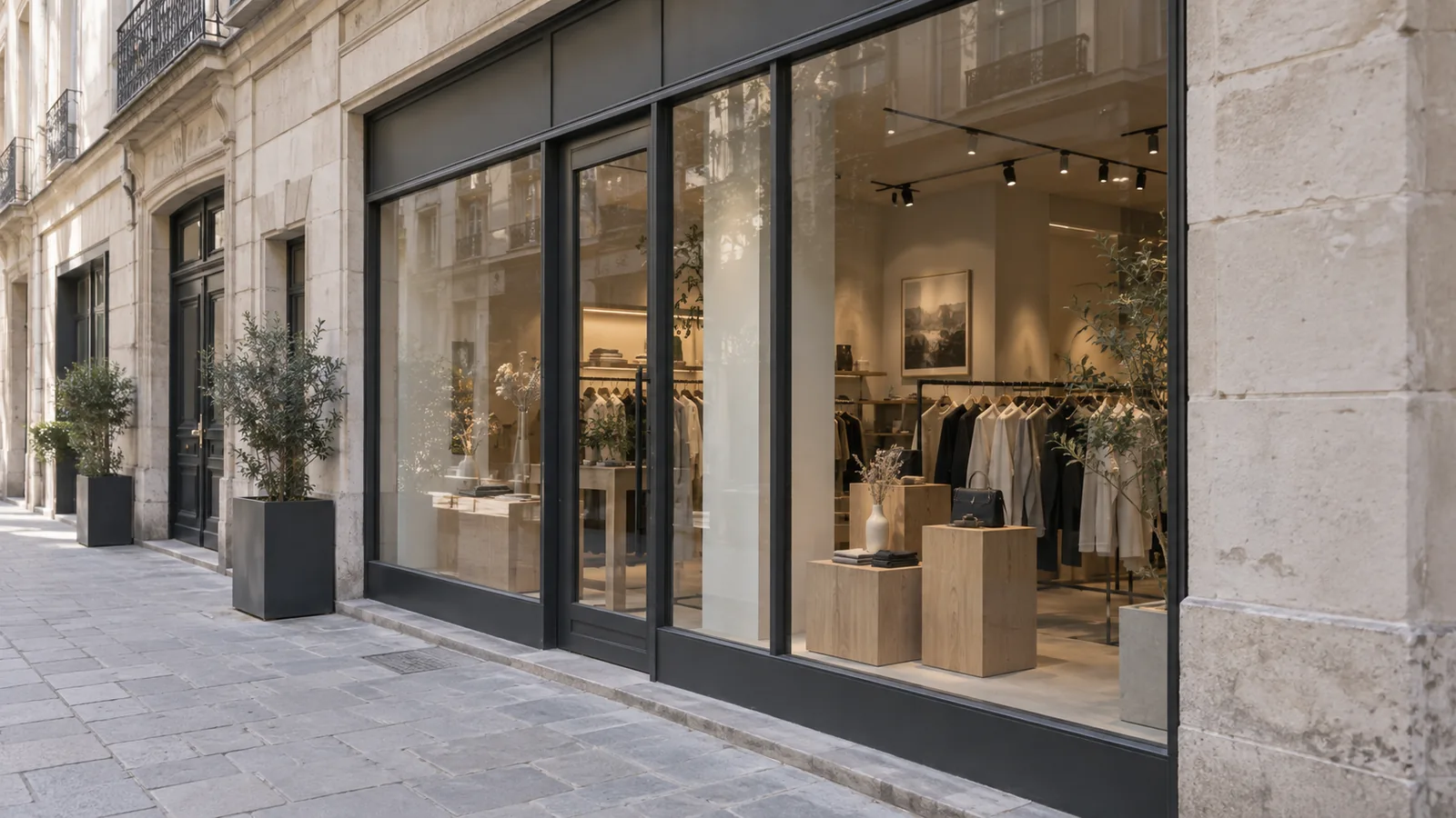 Illustration d’une boutique éphémère, avec vitrine et mobilier modulable dans une rue commerçante.