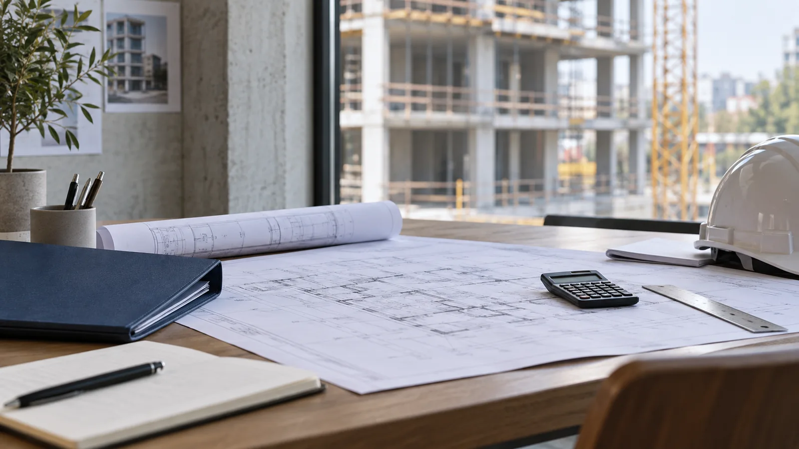 Bureau fictif de chantier avec plans, calculatrice, dossier et casque.