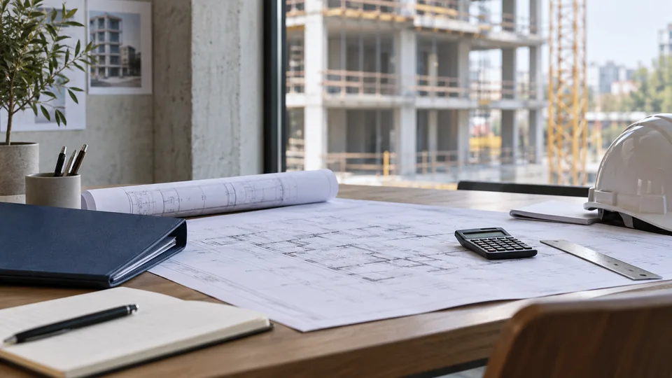 Bureau fictif de chantier avec plans, calculatrice, dossier et casque.