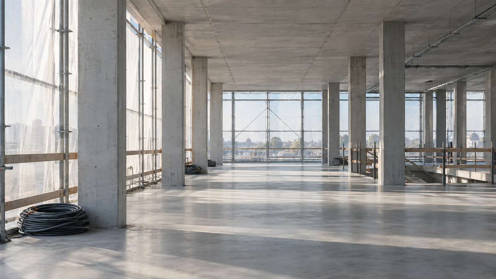 Intérieur fictif d’un bâtiment en travaux, avec ouvertures protégées et structure en béton.