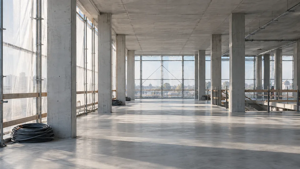 Intérieur fictif d’un bâtiment en travaux, avec ouvertures protégées et structure en béton.