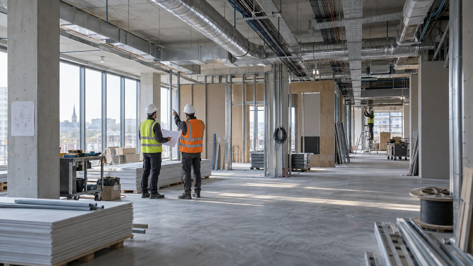 Aménagement fictif d’un bâtiment où plusieurs corps d’état interviennent sur les cloisons et les réseaux.