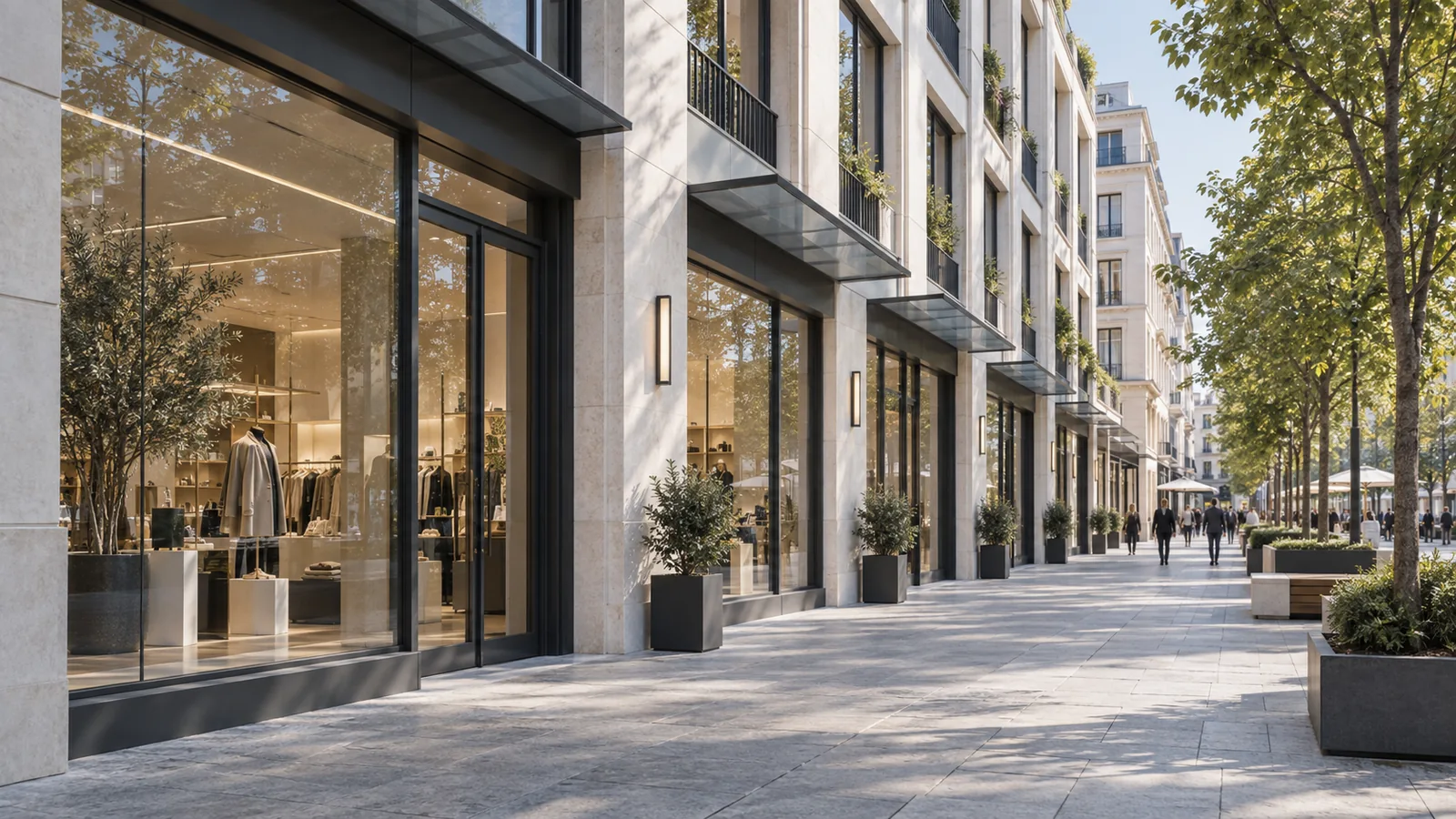 Illustration d’une succession de commerces contemporains en pied d’immeuble sur un boulevard arboré.
