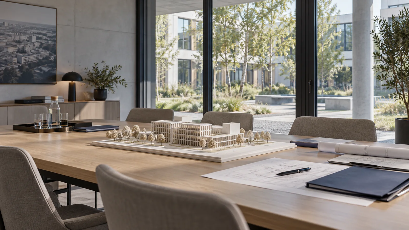 Salle de réunion fictive avec maquette de bâtiment, plans et dossiers sur une table.