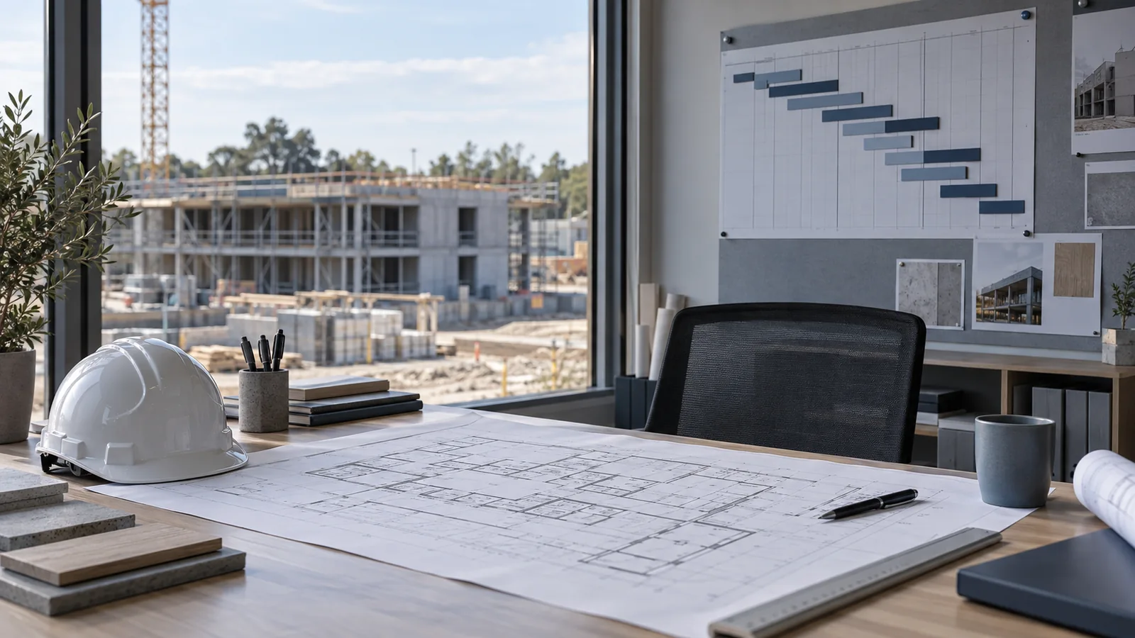 Bureau fictif de pilotage de chantier avec plans, casque et calendrier mural.