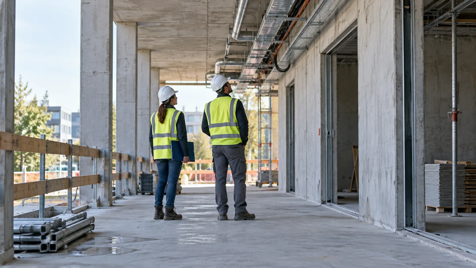 Deux intervenants fictifs équipés de casques et de gilets effectuent une visite de chantier.