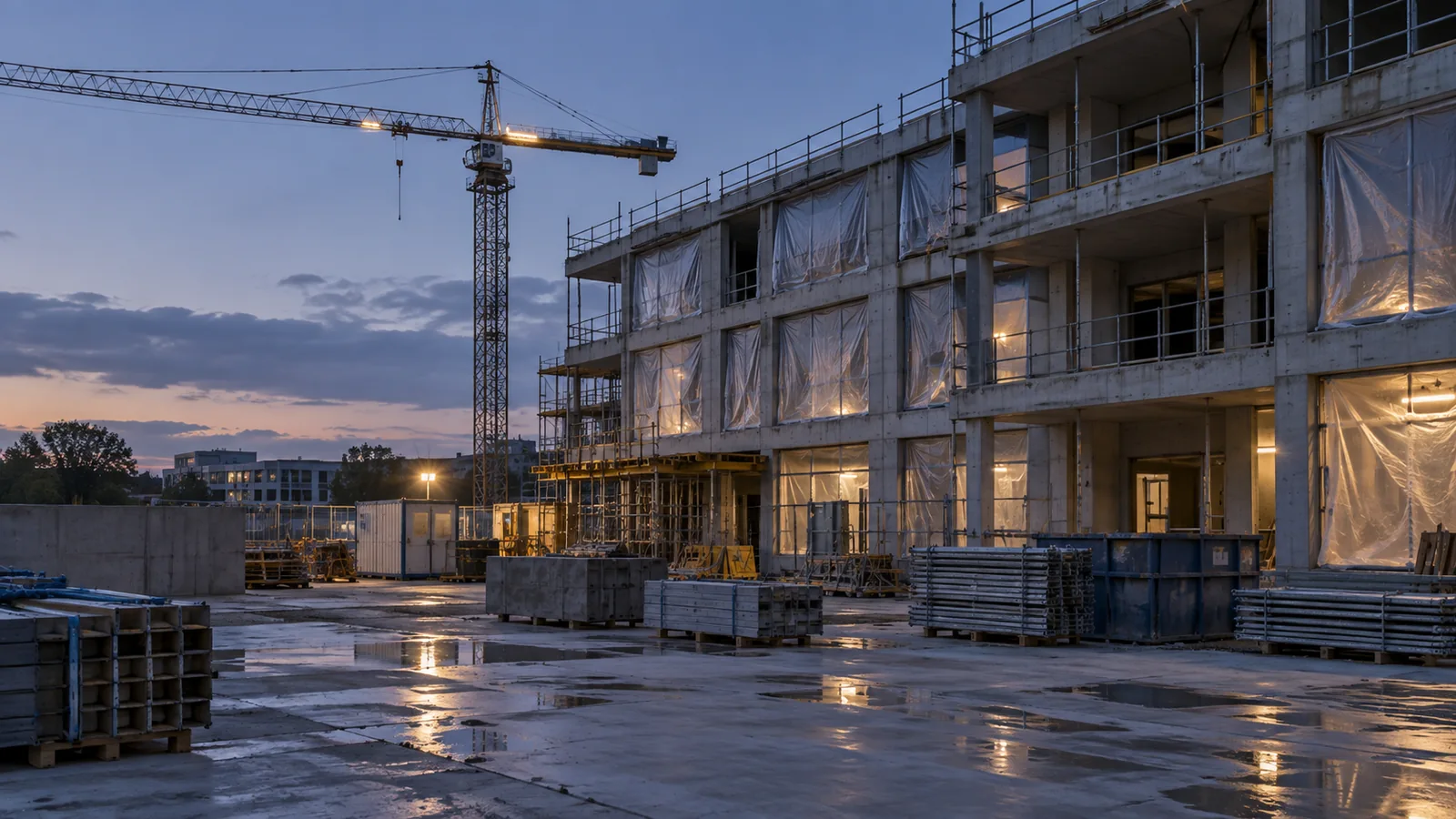Chantier fictif d’un bâtiment inachevé à la tombée du jour, avec grue et éclairage provisoire.