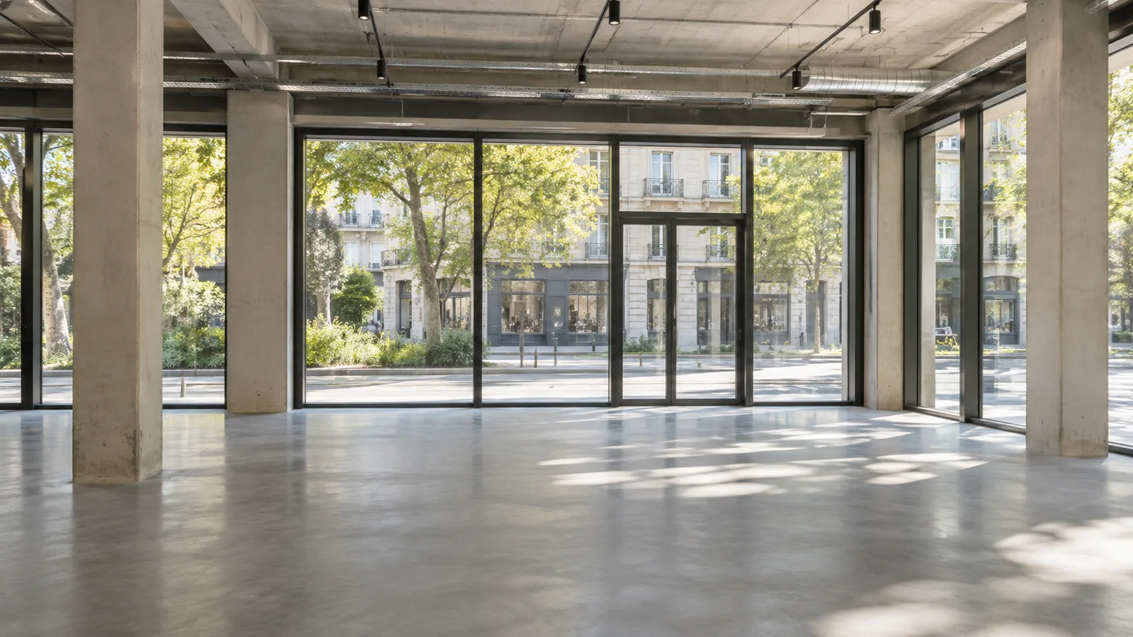 Illustration de l’intérieur lumineux d’un local commercial vacant, ouvert sur la rue par une grande vitrine.