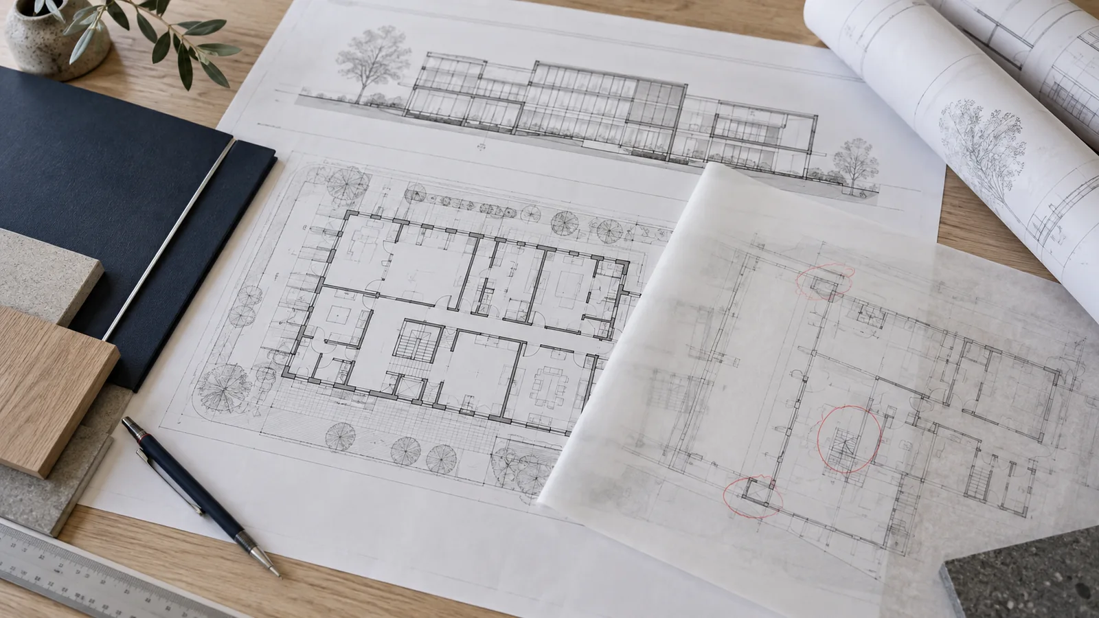 Plans architecturaux fictifs avec calque et annotations de révision sur une table de travail.
